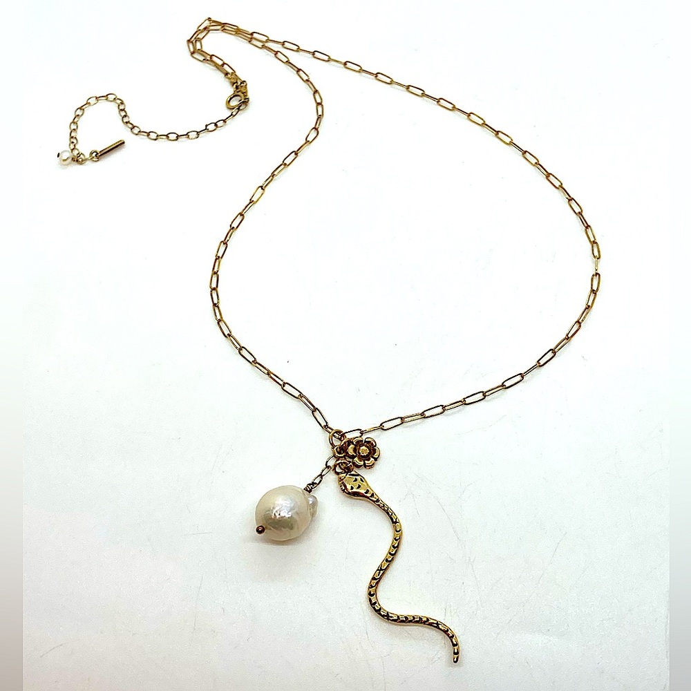 Chan Luu Sterling Gold Plated Snake Necklace w Flower & Baroque Pearl | 17” + 3”